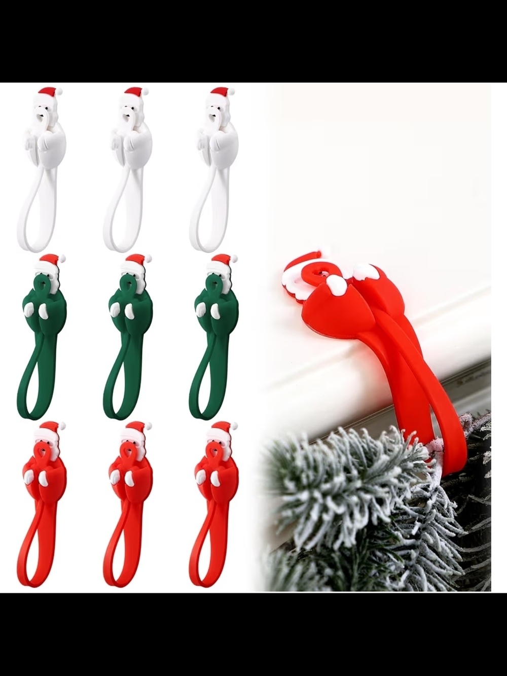 Holiday Santa Silicone Ornament Hooks - Red, Green, White (3-Pack Assortment)